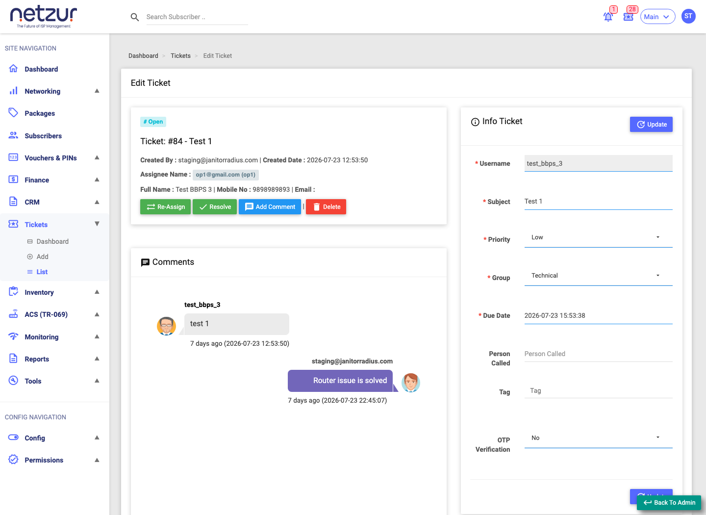 The ticket workspace: status, header with action buttons, comment thread, and the Info Ticket form