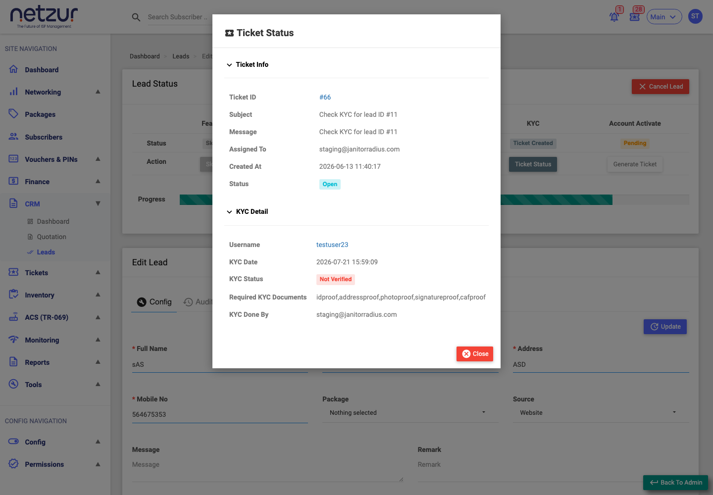 The Ticket Status view showing the ticket info and the stage's detail panel