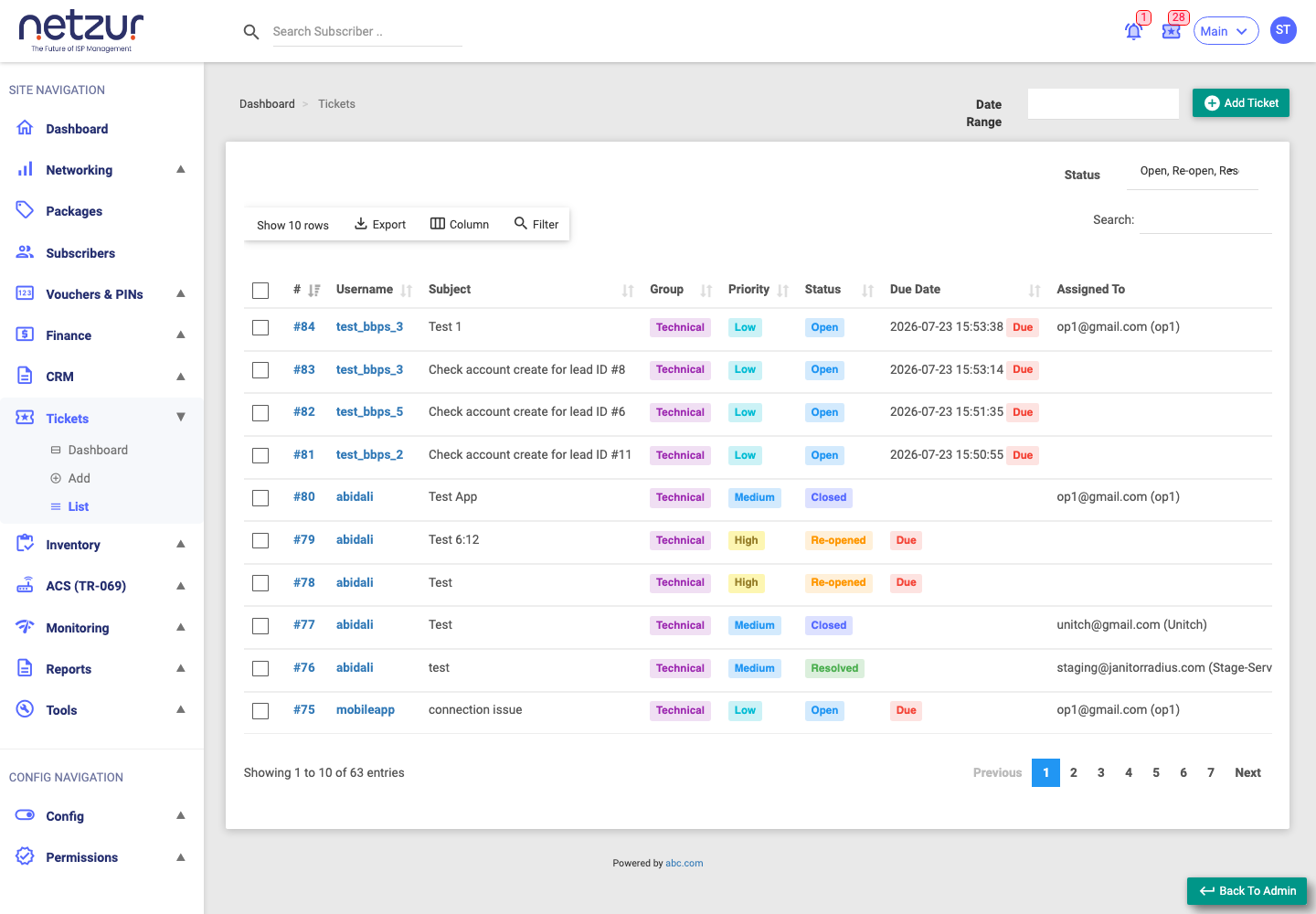 The Ticket List with columns for subject, group, priority, status, due date and assignee