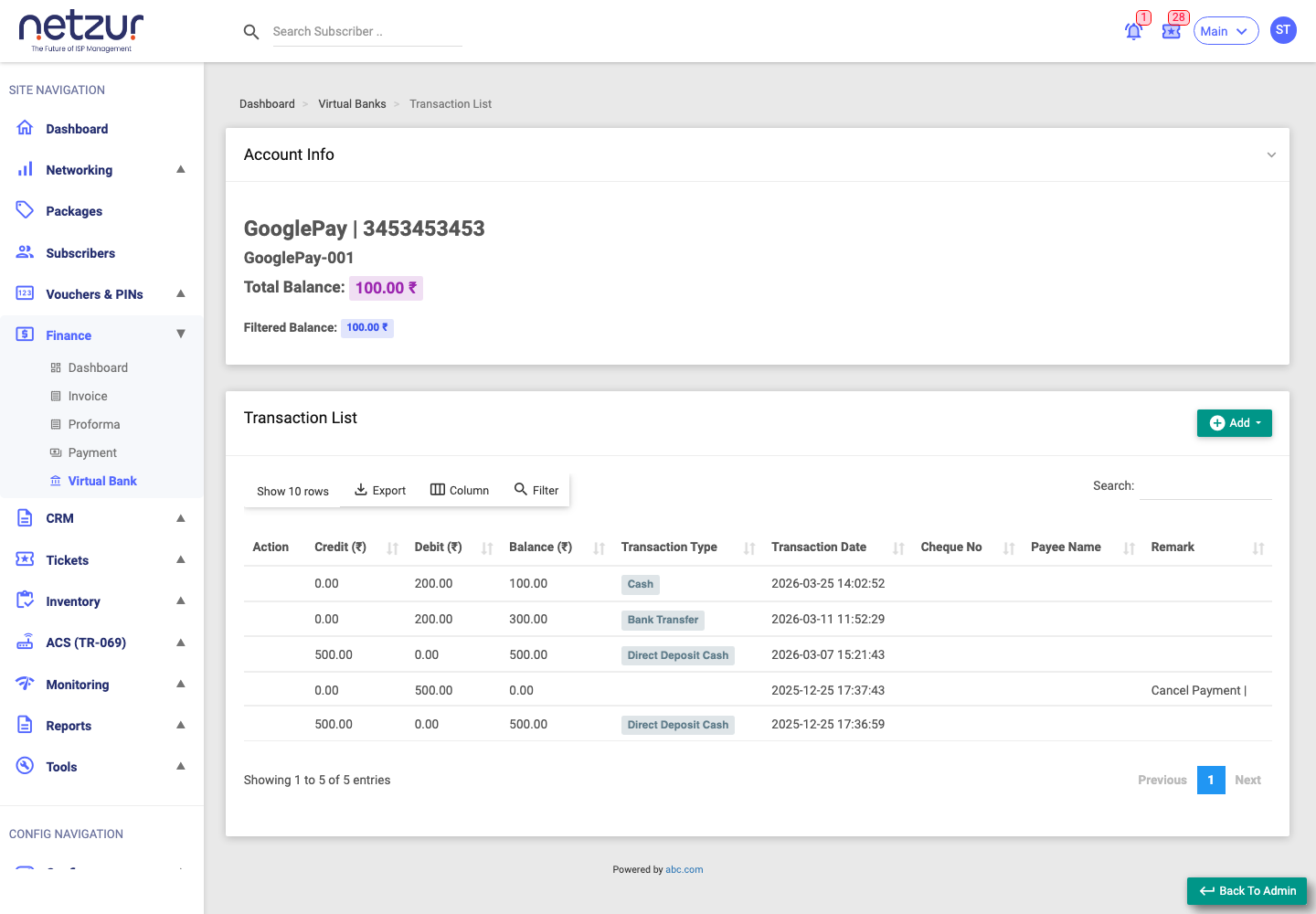 A Virtual Bank's transaction ledger with balance, credits, debits and transaction types