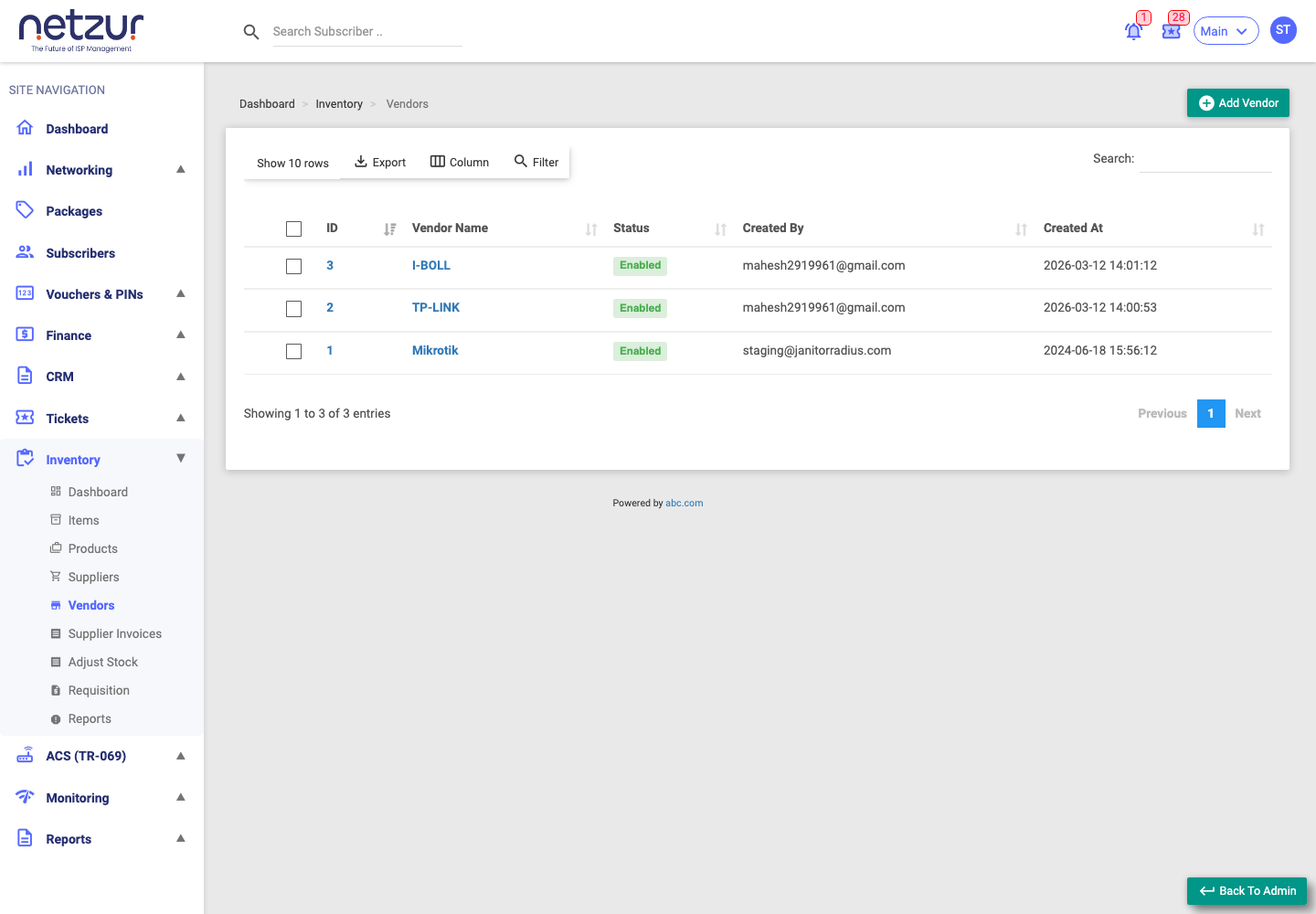The Vendors list with name and enabled/disabled status