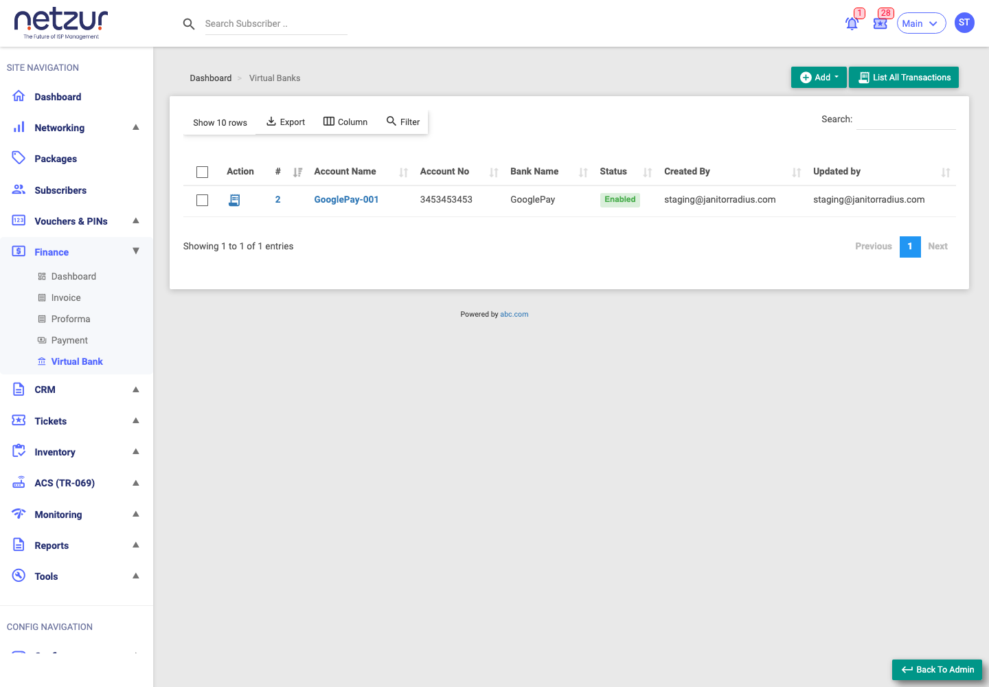 The Virtual Banks list showing account name, account no, bank name and status