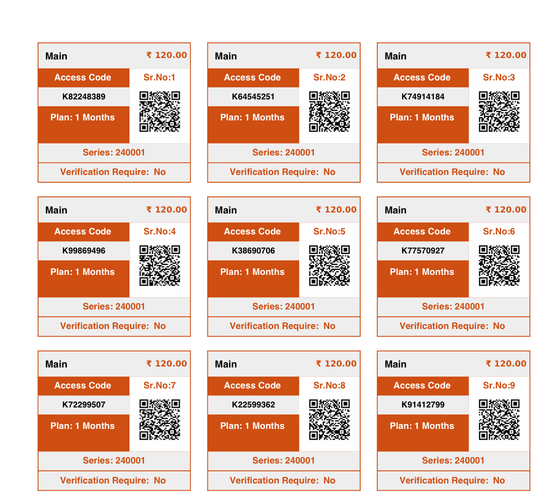 A printed sheet of voucher cards from series 240001, each showing an access code and a QR code