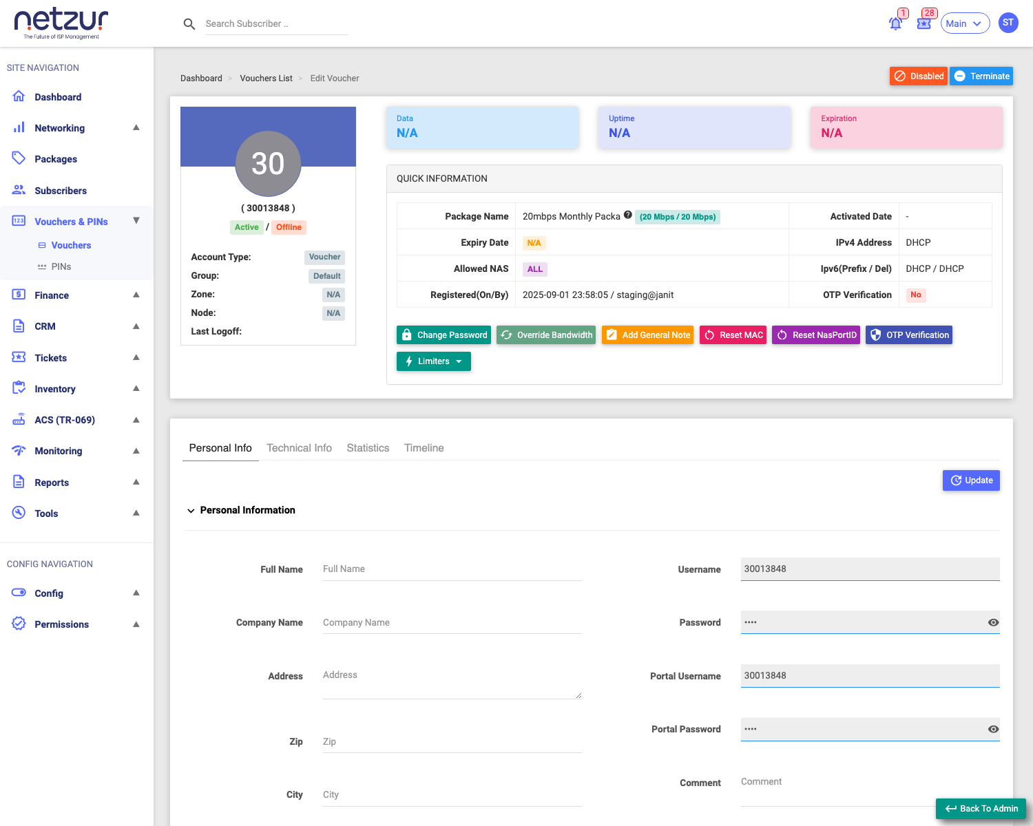 A voucher's profile: header with status, package and action buttons, and the Personal Info tab